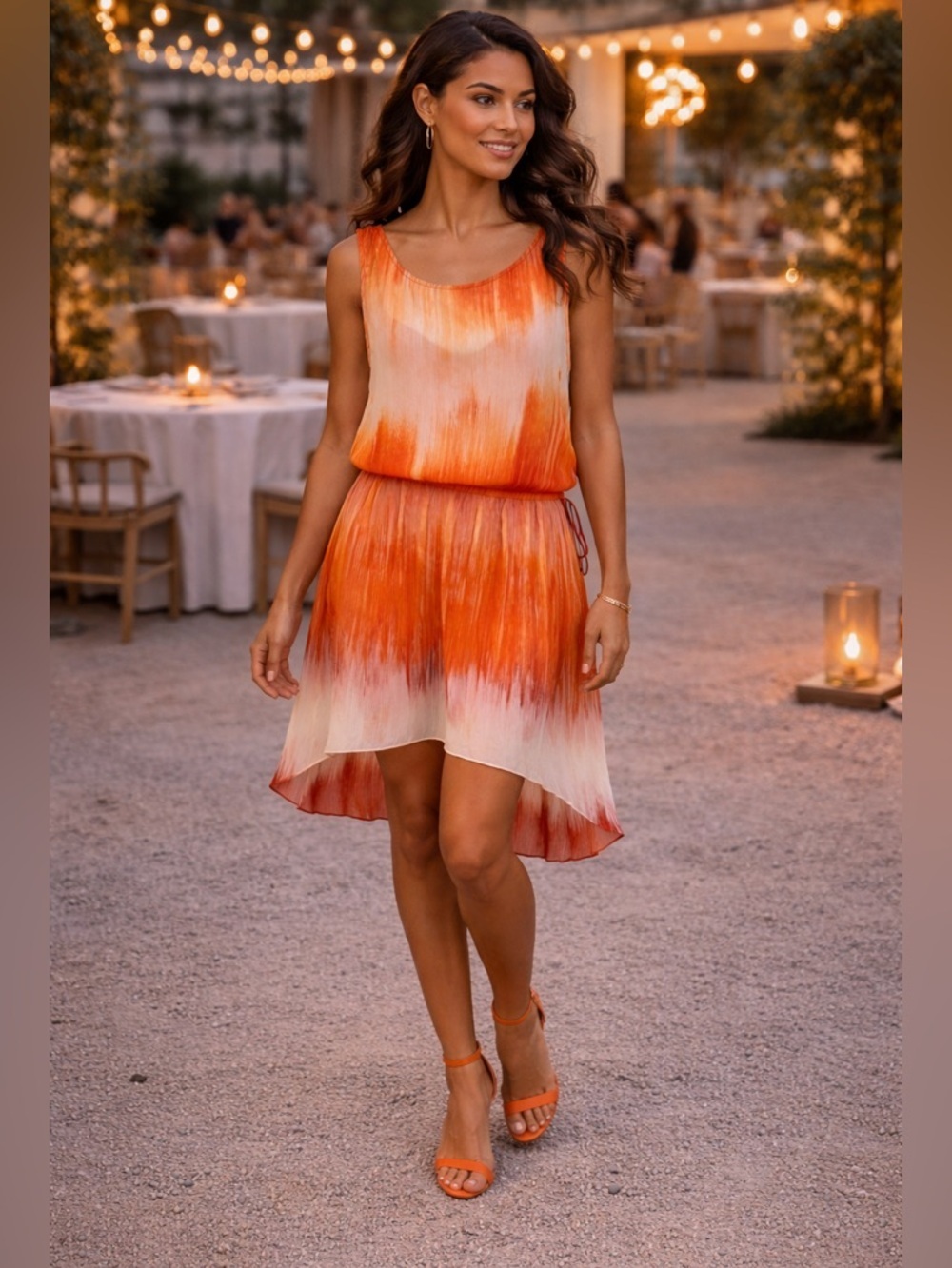 LN Haute Hippie SZ S high/low ombré, shades of orange, yellow, white & burgundy